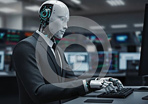 Business robot typing in office environment with high-tech interface