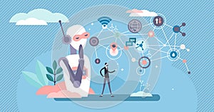 Business robot vector illustration. Flat tiny human and cyborg cooperation.