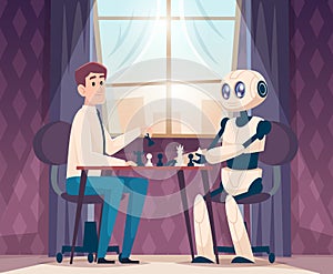Business robots. People and androids connection exact vector conceptual cartoon background play chess