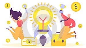 Business rocket work idea, vector illustration. Team project banner concept, creative people character make new startup.