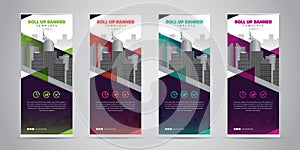 Business Roll Up Banner. Standee Design. Banner Template. 4 Various Color Set - Vector illustration