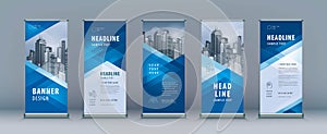 Business Roll Up Set. Standee Design. Banner Template, Abstract Geometric Triangle photo