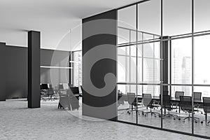 Business room interior with coworking and conference area, city view