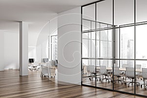 Business room interior with coworking and conference area, city view