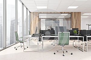 Business room interior with office furniture and private manager room, city view