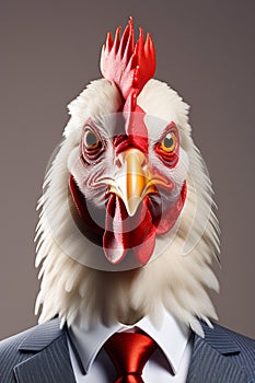 Business rooster boss in a business suit with a tie on a dark background