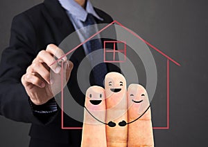 Business salesman agent hand writing home with finger family