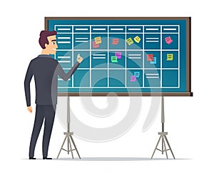 Business schedule board. Businessman standing near checklist and planning teams work plans calendar management vector