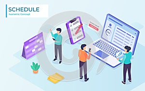 business schedule project management team with app and notes in modern isometric flat style