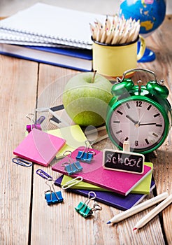 Business school accessories, supplies, pencils on rustic wooden table