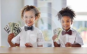 Business, school and children in office with cash, smile and education in money management or budget planning. Portrait photo