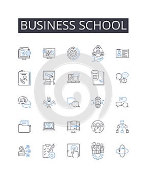 Business school line icons collection. Drill, Run-through, Reiteration, Training, Refinement, Preparation, Rehearse photo