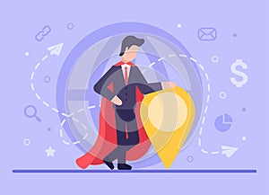 Business search concept. Vector flat businessman is leaning against the geolocation sign because he is looking for a path to