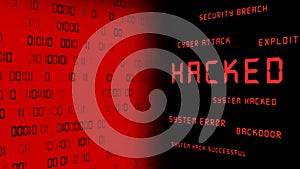 Business security concept - HACKED and other keywords - red warning lettering opposite a red wall with blurred binary code