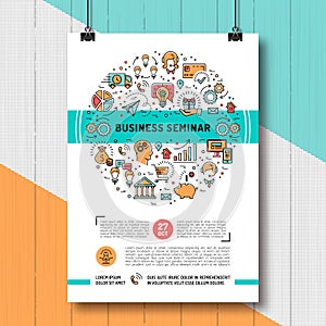 Business seminar poster templates A4 size, line art icons