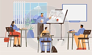 Business seminar or sales meeting with presenter flat vector illustration.