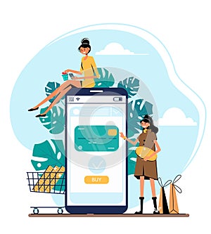 Business series, online shop -modern flat vector illustration concept of women shopping. Website interaction - purchase process.