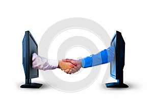 Business shake hands from two computer screens on White background.