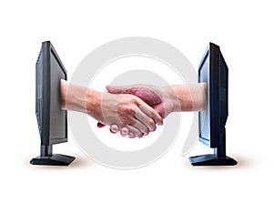 Business shake hands from two computer screens on White background.