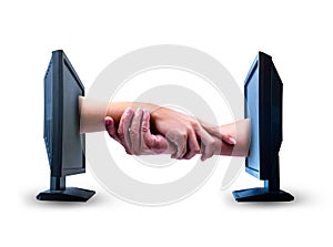 Business shake hands from two computer screens on White background.