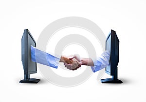 Business shake hands from two computer screens on White background.