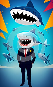 Business shark, businessman, predator - concept: market, business, competition. AI generative art