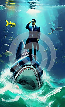 Business shark, businessman, predator - concept: market, business, competition. AI generative art