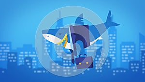 Business shark and large underwater city. Loop animation.