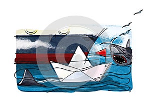 Business and sharks. A paper boat with a red flag on the waves next to a fragment of a large sea ship surrounded by sharks. Gulls