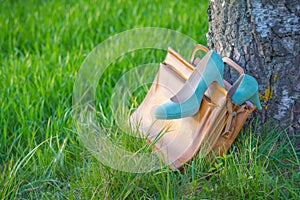 Business shoes pumps in bag wayside in nature arouse wanderlust