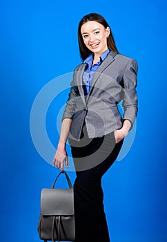 Business. Shool girl with knapsack. stylish woman in jacket with leather backpack. girl student in formal clothes