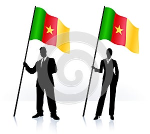 Business silhouettes with waving flag of Camerun photo