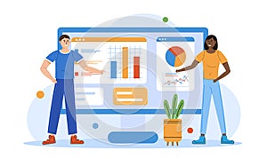 Business site, search engine optimization. Online business analytics. People work with customer statistic. Vector illustration