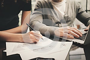 Business situation, signs contracts. Closeup photo finance manager working modern office with new business project photo