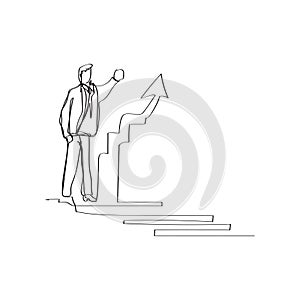 business situation - standing businessman presenting rising charts in continuous line drawing style, thin linear vector