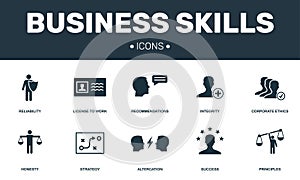 Business Skills set icons collection. Includes simple elements such as Integrity, Corporate Ethic, Altercation and Strategy