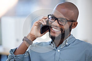 Business, smile or black man on a phone call talking, networking or speaking to chat in discussion. Mobile, startup plan
