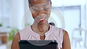 Business, smile and black woman with a tablet, typing and internet connection for social media, status update and email