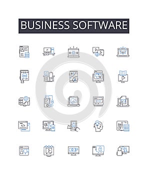 Business software line icons collection. Trailblazer, Adventurer, Explorer, Pier, Maven, Prodigy, Authority vector and