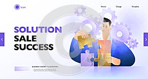 Business solution concept banner. Businessman solving jigsaw puzzle figuring out what is best.