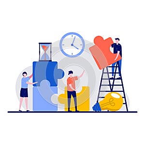 Business solution, people solving problem concept with tiny character. Partnership, office worker working, standing, connecting