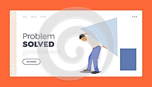 Business Solution, Problem Solving Landing Page Template. Man Carry Huge Triangular Jigsaw Puzzle Piece