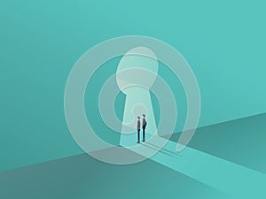 Business solution or success concept with two businessmen standing in keyhole shape door.