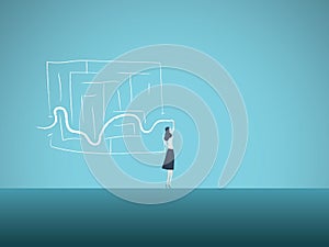 Business solution vector concept with business woman finding way through maze. Symbol of genius, intelligent woman