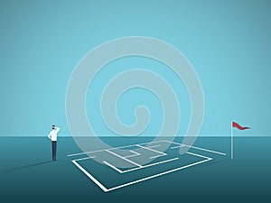 Business solution vector concept with businessman standing in front of maze, labyrinth. Symbol of challenge, strategy