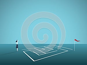 Business solution vector concept with businesswoman standing in front of maze, labyrinth. Symbol of challenge, strategy