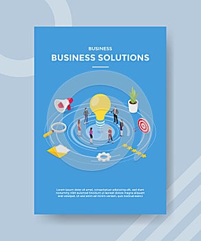 Business solutions people standing around light bulb for template of banner and flyer for printing magazine cover and poster with