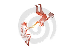 Business, space, suit, women, man, fly concept. Hand drawn isolated vector.