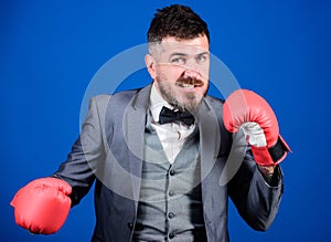 Business and sport success. businessman in formal suit and tie. powerful man boxer ready for corporate battle. man in