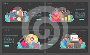 Business stakeholders set. Visualizing stakeholder interaction, expectation analysis, and influence mapping.